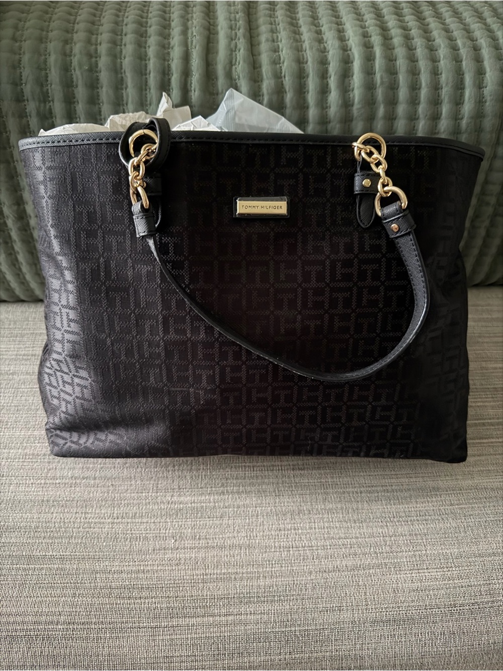 Tommy Hilfiger Black Logo-Print Tote with Gold Hardware